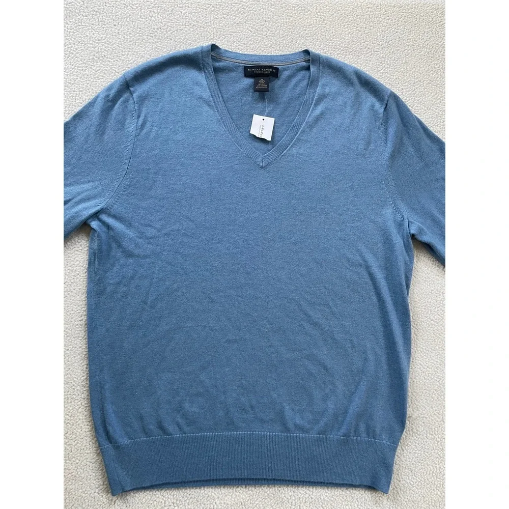 Banana Republic Men Medium Sweater Blue Silk Cotton Cashmere V-Neck Luxury Blend